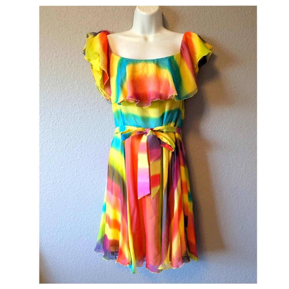 💥SALE💥 Alice + Olivia Vibrant Multicolor Rainbow Ruffle Dress 100% Silk Sz. M - Picture 3 of 13